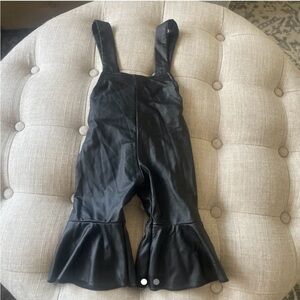 Black Faux Leather Flared Overalls